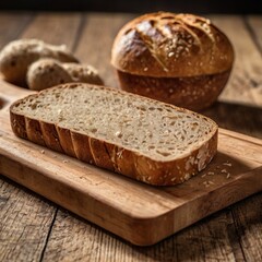 Tasty cut bread displayed on a wooden cutting board, complemented by wheat ears, emphasizing a cozy kitchen vibe.