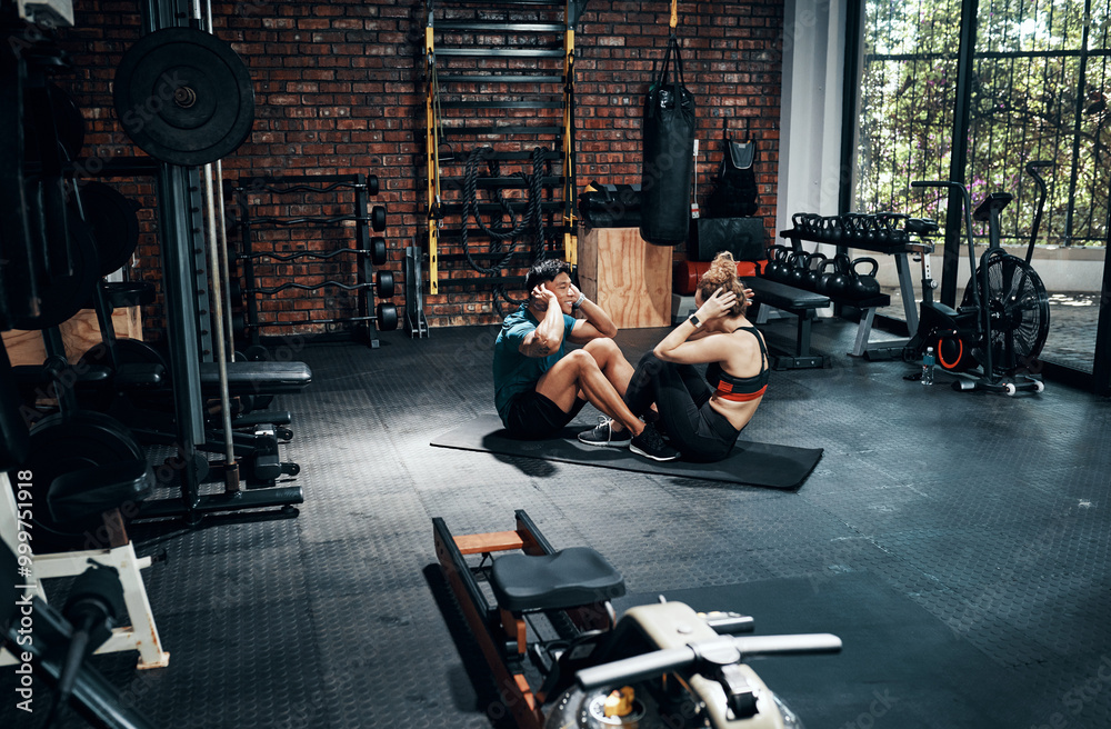 Wall mural Couple, fitness and teamwork in gym for sit up, exercise and stomach workout with strong core on floor. Man, woman and training together in health club for abdomen muscle, crunches and healthy people