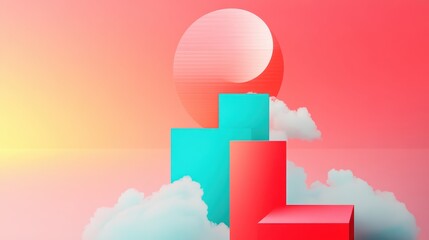 A minimalist composition of bold geometric shapes and gradients, representing the abstract forms of clouds and celestial bodies.