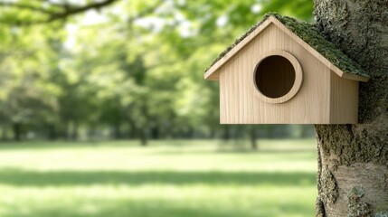 A wooden birdhouse rests on the sturdy trunk of an old oak tree, adorned with green moss, basking in the warm sunlight of spring in a serene park atmosphere