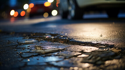 close-up of a wet pothole on an urban street, illuminated by evening traffic lights with cars in the background, creating a moody city scene.
