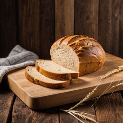 Tasty cut bread displayed on a wooden cutting board, complemented by wheat ears, emphasizing a cozy kitchen vibe.