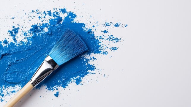 Blue paint pot with brush isolated on white background, ideal for home renovation projects, vibrant color for creative applications, versatile for various surfaces.