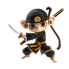 Obraz premium A cartoon monkey warrior in black and gold clothing with swords drawn.