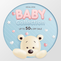Baby banner template with cute bear for child store, kid clothes and toy, Online shop, children fashion sale discount promotion, special offer, social media post. vector illustration