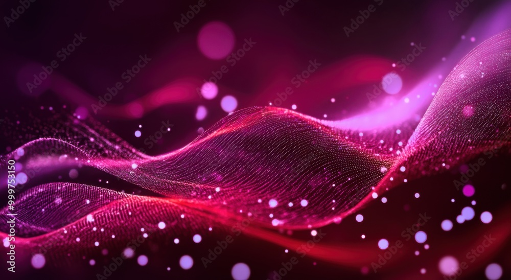 Aufkleber Abstract wave of pink glowing particles on a dark background, with a gradient from red to purple. Digital technology concept. Abstract digital design with a bokeh effect.