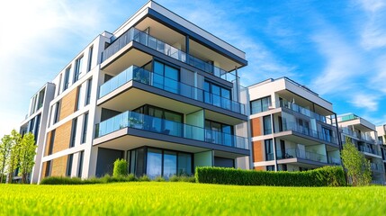 Fototapeta premium Modern residential apartment with a flat building exterior. block of flats in a green area. luxury house complex. Part of City Real estate property, condo architecture. apartment insurance concept.