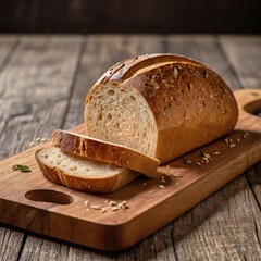 Tasty cut bread displayed on a wooden cutting board, complemented by wheat ears, emphasizing a cozy kitchen vibe.