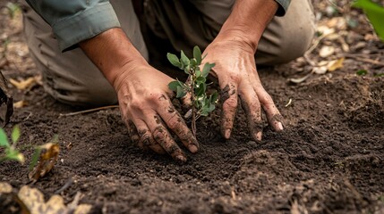 Closeup of hands planting a small sapling in the dirt.