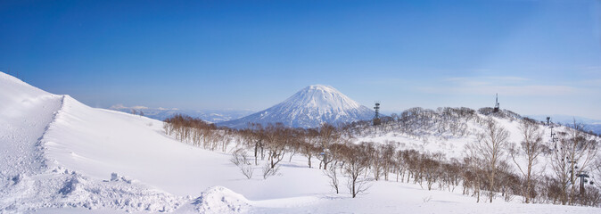 Panorama landscape of Niseko view on the mountain and yotei mountain in background