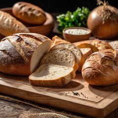Tasty cut bread displayed on a wooden cutting board, complemented by wheat ears, emphasizing a cozy kitchen vibe.