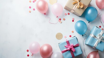 Gift boxes with blue and pink balloons and confetti on white  background, top view