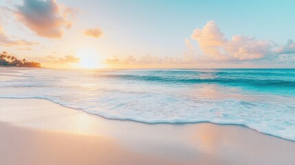 Fototapeta premium A serene beach at sunset with gentle waves and soft pastel colors in the sky.