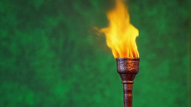 Metal torch is burning in front of a green screen background, creating a powerful symbol of celebration, victory, or remembrance