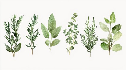 Fototapeta premium Culinary Herbs Watercolor Collection, vibrant illustration of assorted herbs, showcasing rich textures and colors, ideal for culinary inspiration and artistic display.