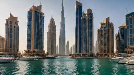 Fototapeta premium A view of high-rise buildings along the Dubai Marina, with yachts and boats 