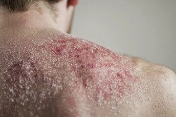 Fototapeta premium Close-up of a person's back showing skin irritation and dryness.