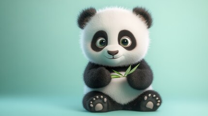 Fototapeta premium A cuddly panda cub with big round eyes, holding a small bamboo stick, sitting on a mint-colored background