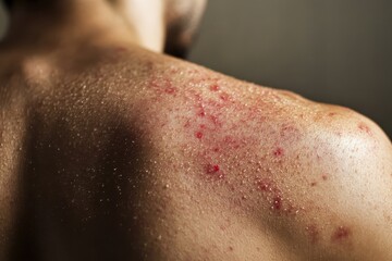 Naklejka premium Close-up of a person's back showing skin irritation and sweat.