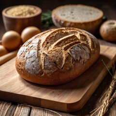 Tasty cut bread displayed on a wooden cutting board, complemented by wheat ears, emphasizing a cozy kitchen vibe.
