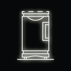 Glowing neon line coffee machine icon isolated on black background, vector illustration