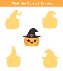 Find the correct shadow of the cute illustration of halloween pumpkin. Educational logic game for children. Printable worksheet.	