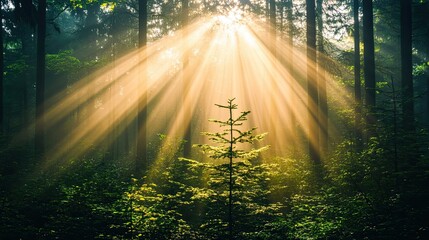 Obraz premium Sunlight streams through trees in a serene forest, creating a tranquil atmosphere.