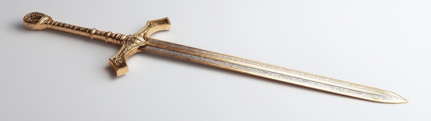 Golden Fantasy Sword, an intricately designed long blade with ornate details, set against a pristine white backdrop, showcasing its brilliance and craftsmanship.
