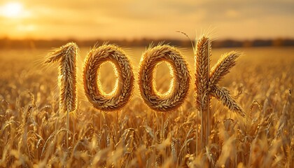 100k in wheat field at sunset, golden hues, perfect for agricultural milestone celebration