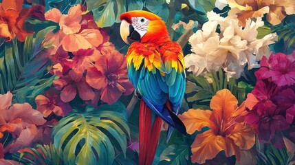 Fototapeta premium A vibrant macaw perched amidst an explosion of tropical flowers in a lush rainforest setting. Generative AI
