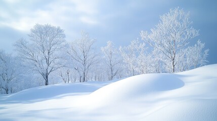 A serene winter landscape with snow-covered hills and frosty trees under a cloudy sky.
