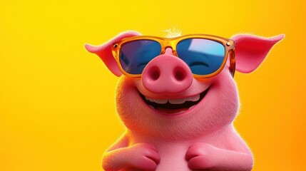 A cheerful pig wearing sunglasses smiles against a vibrant yellow background, radiating joy and playfulness. Generative AI