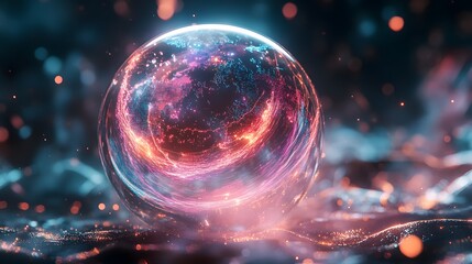 Predictive Analytics: A crystalline globe filled with swirling data streams, showing future trends and insights as holographic visuals, foreseeing events in an otherworldly digital landscape