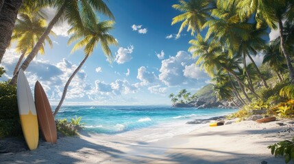 Fototapeta premium A serene beach scene with palm trees, surfboards, and a vibrant ocean under a clear sky.