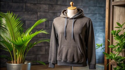 mockup blank dark grey hoodie with mannequin, grey background