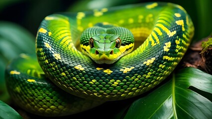 Obraz premium Vibrant green snake coiled on leaf with intense gaze, nature study, educational content