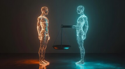 AI Ethics and Bias: A scale balancing two abstract human figures, one glowing and the other in shadow, symbolizing the ethical dilemmas and bias inherent in artificial intelligence