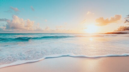 Fototapeta premium A serene beach at sunset with gentle waves and a colorful sky.