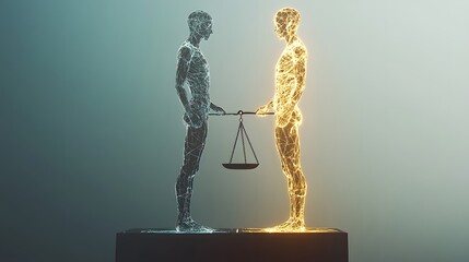 AI Ethics and Bias: A scale balancing two abstract human figures, one glowing and the other in shadow, symbolizing the ethical dilemmas and bias inherent in artificial intelligence