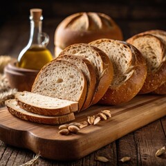 Tasty cut bread displayed on a wooden cutting board, complemented by wheat ears, emphasizing a cozy kitchen vibe.
