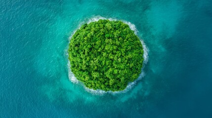 Aerial view of a vibrant green island surrounded by sparkling blue waters, adorned with lush trees, gently caressed by foamy waves on a sunny summer day.