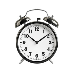 Classic alarm clock with black and white design, white isolate background.