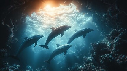 Obraz premium Dolphins Swimming Through an Underwater Cave