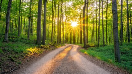 Obraz premium A serene forest path illuminated by sunlight, inviting exploration and tranquility.