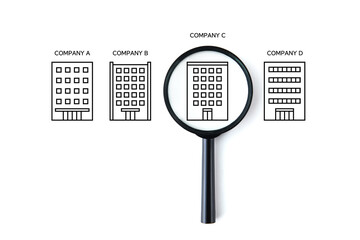 虫眼鏡と会社のイラストアイコンの合成画像―企業の監査・分析イメージ