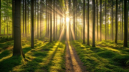 Obraz premium A serene forest scene with sunlight streaming through trees, creating a tranquil atmosphere.