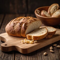 Tasty cut bread displayed on a wooden cutting board, complemented by wheat ears, emphasizing a cozy kitchen vibe.