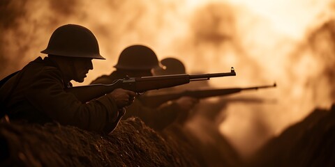 Silhouettes of soldiers positioned with rifles, ready for action against a dramatic, hazy backdrop, evoking themes of war and bravery.