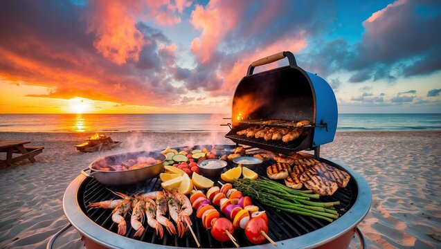 Colorful barbecue scene on beach at sunset featuring grill, shrimp, vegetables, and peaceful ocean backdrop Perfect for leisure and outdoor gatherings