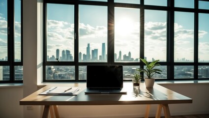 Bright office workspace featuring laptop and plant, offering panoramic city skyline view  Ideal for productivity and inspiration